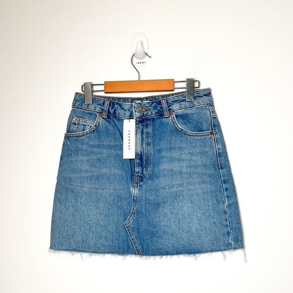 NWT Top Shop Denim Distressed High Waist Mini Denim Skirt - Picture 1 of 7